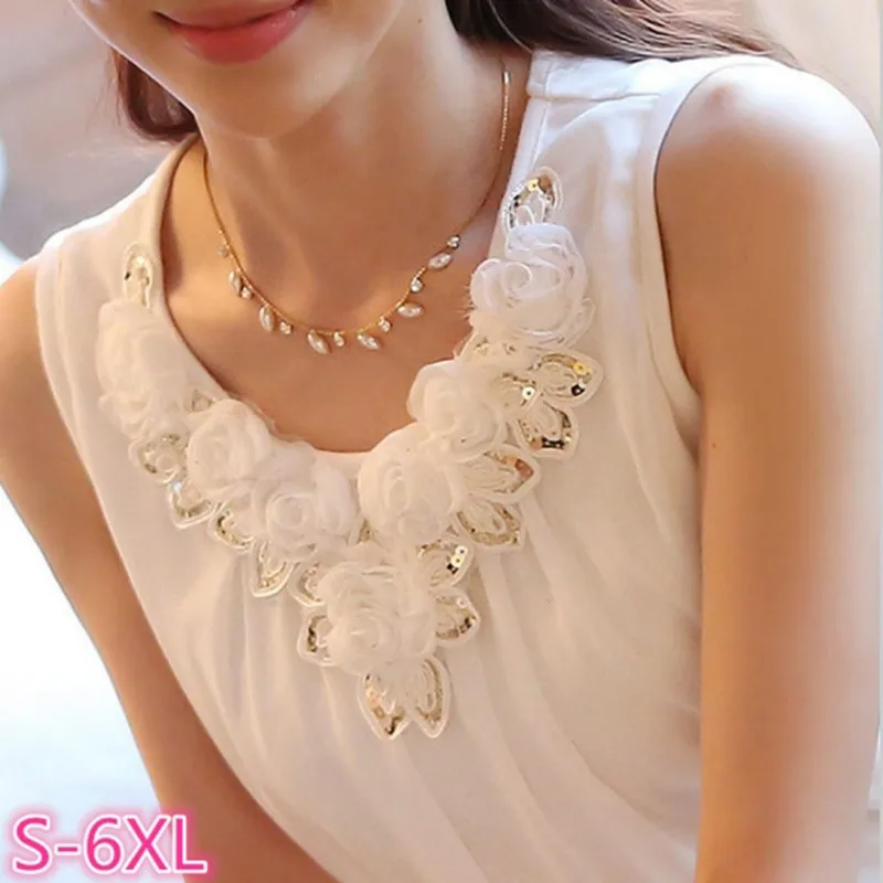 Womens Blouse Shirt Femininas Summer Tops and Blouses Lace Elegant Sleeveless Blusas Crochet Casual Flower Tops Plus Size Women