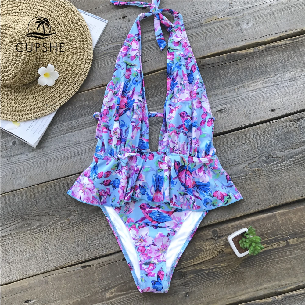 CUPSHE Lark Birds And Floral Print Ruffle Halter One Piece Swimsuit 2018 Women Deep V neck High