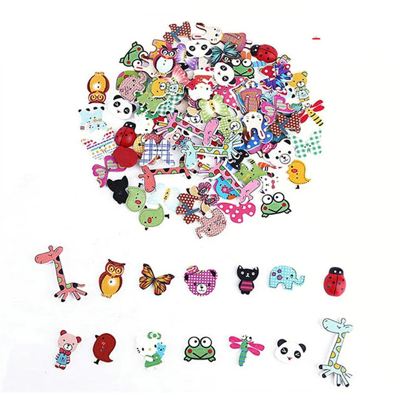 

50pcs DIY Mixed Color Cartoon Animal Wooden Sewing Button Crafts Scrapbooking Buttons Accessories Random