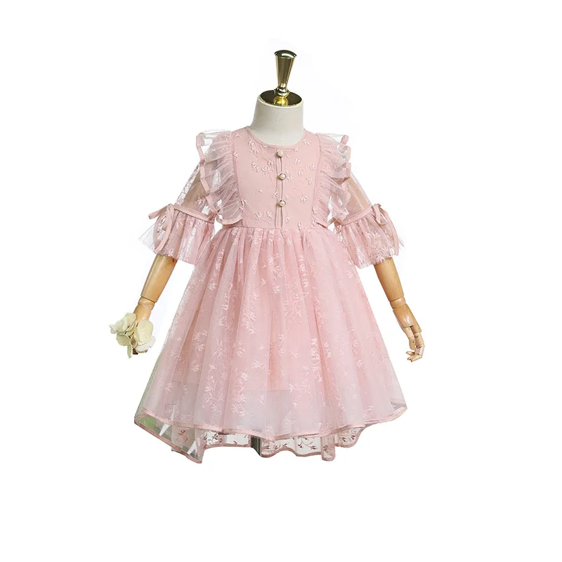 

Roimyal Wholesale 2019 spring/summer new 3-8 years old girl dress five-point sleeve mesh yarn stitching fashion princess dress
