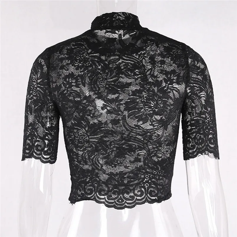 New Beauty Women Gothic Punk Tops Thin Sexy Short Sleeve Perspective Hollow Lace T-shirt Ladies Clothing 35JU28 (2) - 副本