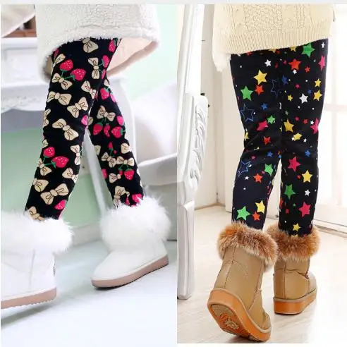 

3-8T Autumn Winter Children Leggings Girls Pants Baby Elk Star Butterfly Cherry Heart Pattern Warm Trousers With Velvet