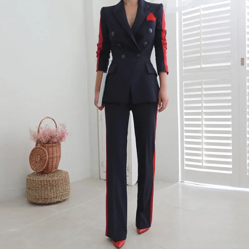 

New high quality women pant suits fashion Double-breasted Blazer Jacket and Slim Pencil Pant 2 Pieces Set office pant suits