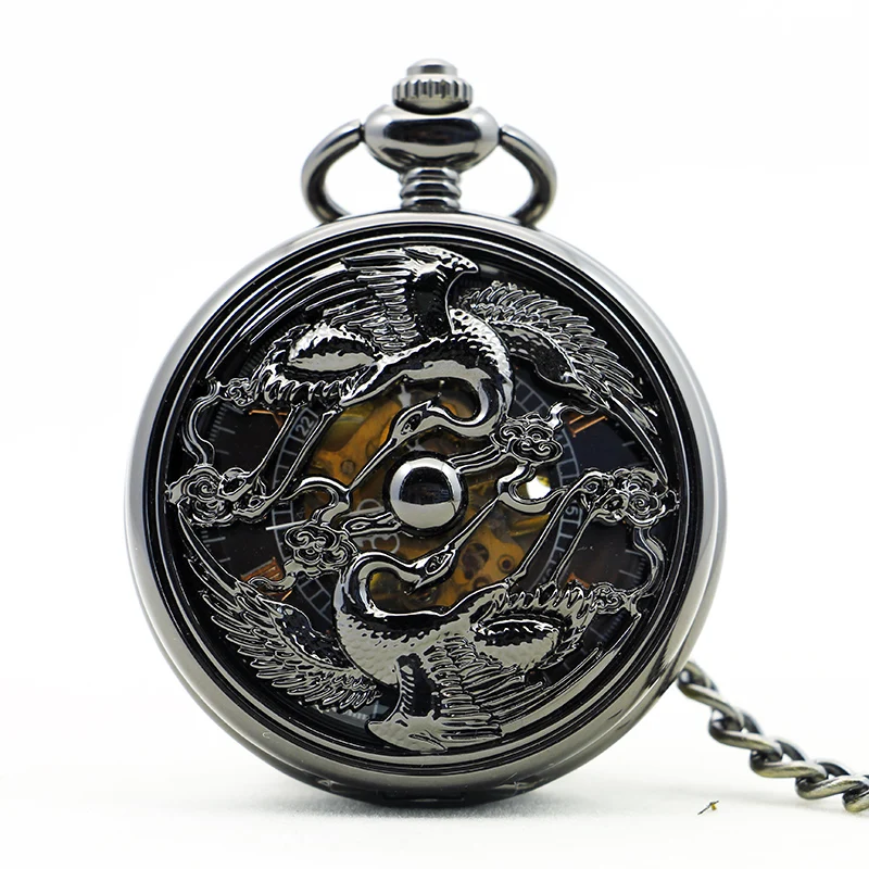 

Fashion & Casual Hand Wind Silver Double Cranes Hollow Skeleton Black Dial Design Mechanical Pocket Watch For Men Women PJX1146