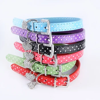 

Newest Dog Collar Heart Crystal Pendant Small Pet Cat Collar Polka Dot Pattern Green Blue Purple Black Red Pink