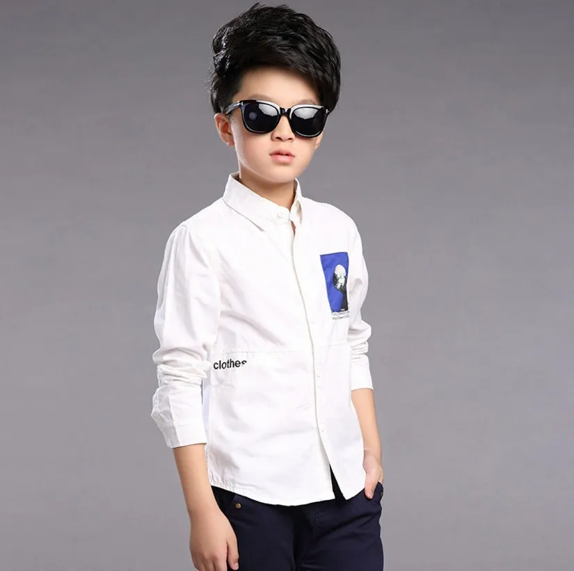 New 2017 Spring Children Formal Pure White Light Blue Boy Shirts Long