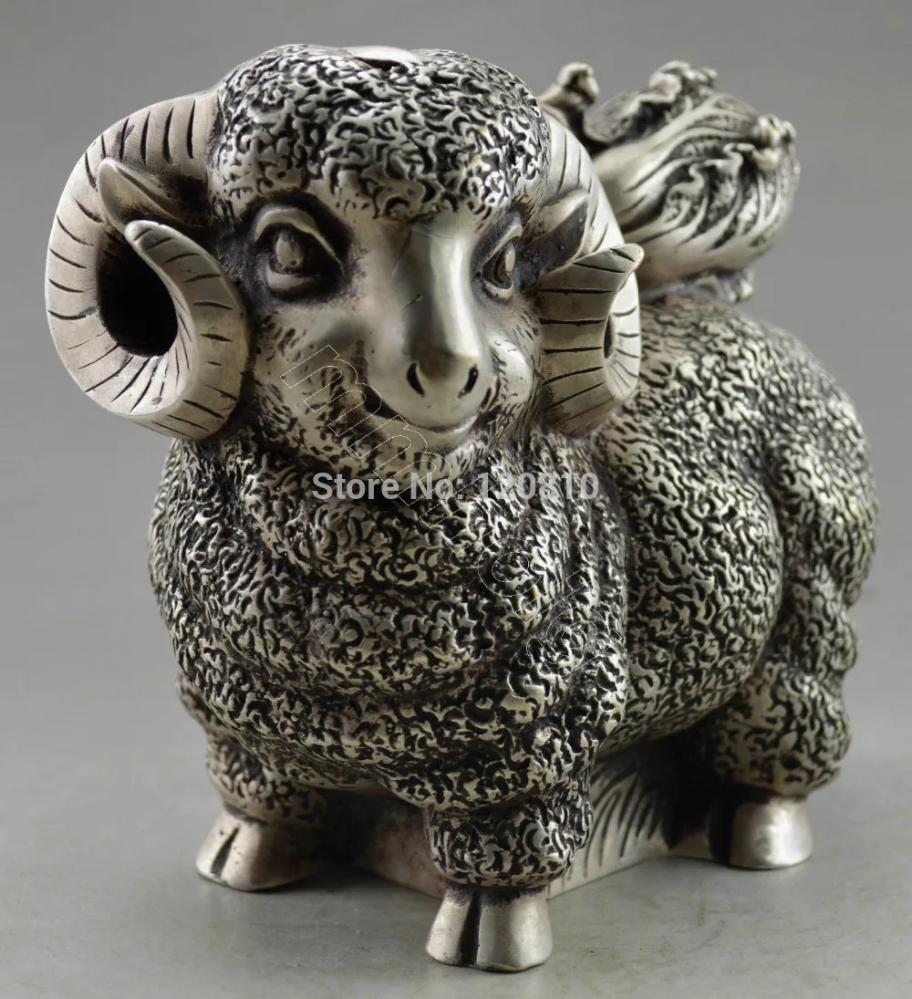 

Collectible Decorated Old Handwork Tibet Silver Carve Sheep Carry Cabbage Statue