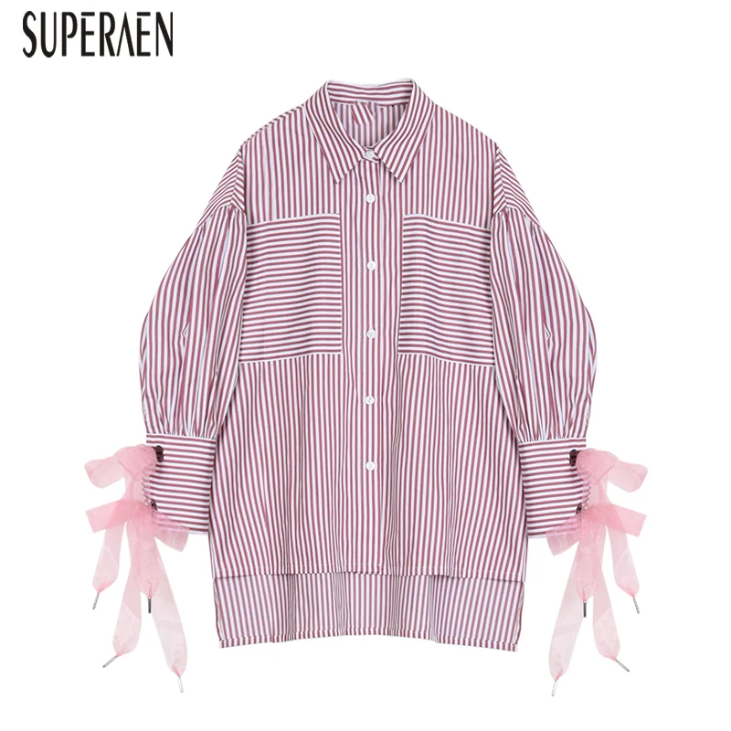 

SuperAen Striped Shirt Women Wild Cotton Casual Fashion Blouses and Tops Female 2019 Summer New Ribbon Long Sleeve Shirts