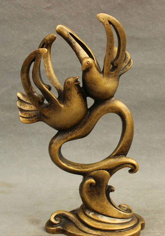 

S3543 10" Chinese Pure Bronze 2 Love Bird mandarin duck Statue On Heart Art Sculpture D0317