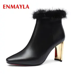 ENMAYLA Для женщин короткие сапоги на молнии с острым носком высокий каблук ботильоны зимние Для женщин обувь на тонком каблуке Большие