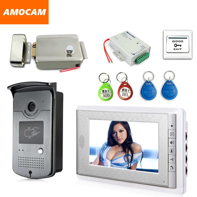 7\ Video Door Phone Kit with ID Keyfobs + Electric Lock + Power Supply+ Door Exit for villa Video Doorbell video Intercom System