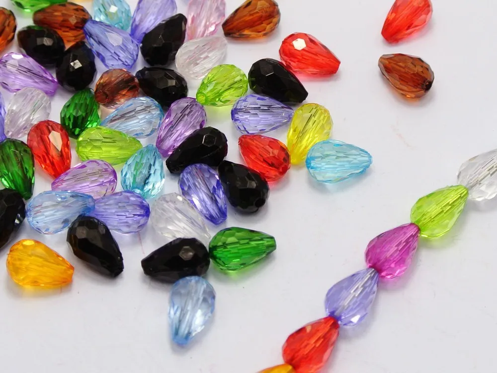 

200 Mixed Colour Transparent Acrylic Faceted Teardrop Charms Beads 7X11mm