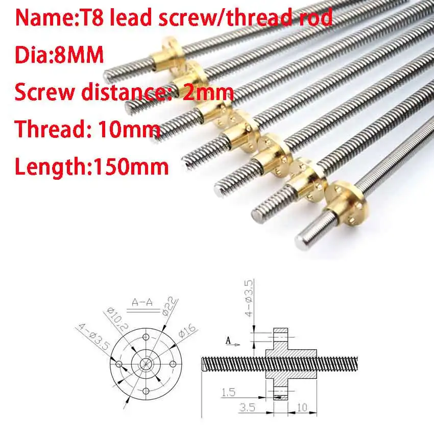 

Length 150mm Lead Screw Dia 8MM Screw distance 2mm Thread 10mm trapezoidal spindle screw with copper nut RepRap 3D Printer