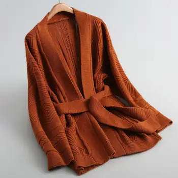 

Knitted cardigan Women fashion warm winter oversize sweater v-neck belted loose coat