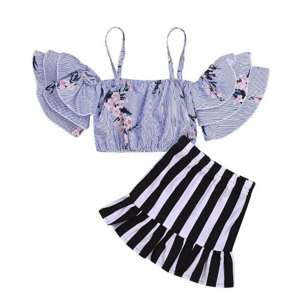 

2019 Newest Style Kids Toddler Girl Summer Clothes 2pcs Flower Tops Stripe Skirt Adorable Outfits Set 3-7Years