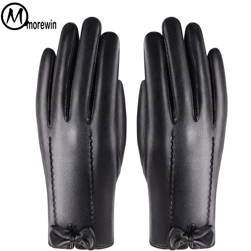 

Morewin Women PU Leather Gloves Black Full Finger Ladies Fashion Driving Gloves Bowknot Warm Exquisite Mittens New Fashion 2018