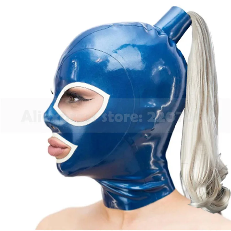 

Handmade latex hoods with hair pigtail dark blue and white rubber mask hood back zip RLM231