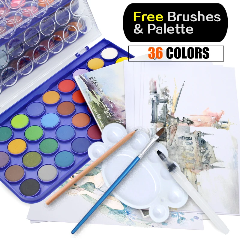 Online Speicher 36 Farben Aquarell Malen sätze Professionelle Wasser Farben für Malerei Papier Kunst Liefert Mit Freies Pinsel Palette