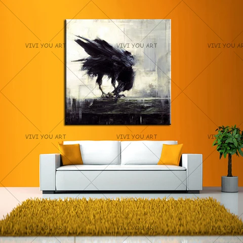 Pintados à Mão-de Pintura a Óleo sobre Tela Pintura a Óleo do Pássaro para a Decoração Artista Alta Qualidade Abstrata Moderna Corvo Pássaro Preto Mod. 1280466