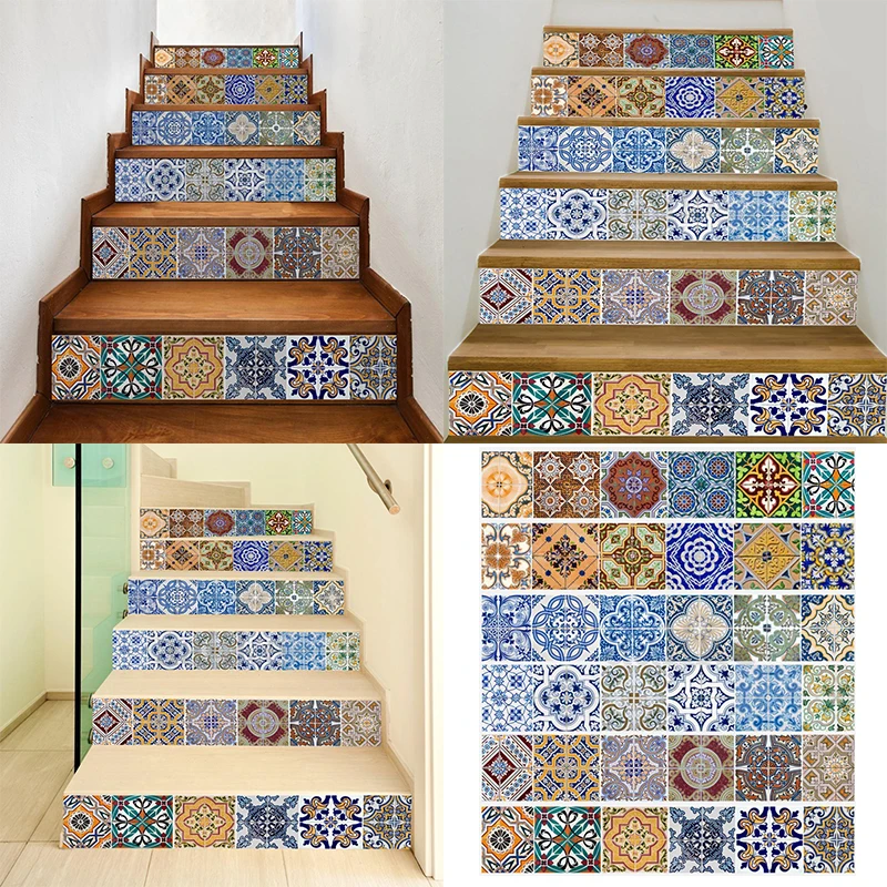 JX-LCLYL DIY 3D Retro Mexican Vinyl Stair Tile Risers Mural Decal Wall Paper Stickers