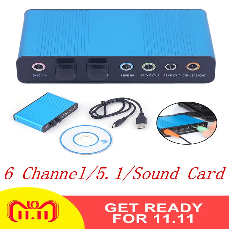 

6 Channel External Sound Card 5.1 Surround Sound USB 2.0 External Optical Audio Sound Card Adapter Converter for PC Laptop Blue
