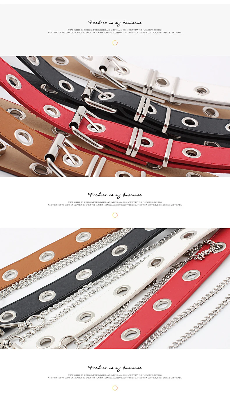 Women Punk metal chain PU leather Fashion Belt Adjustable Single Eyelet Grommet Leather Buckle Belt Multicolor selection