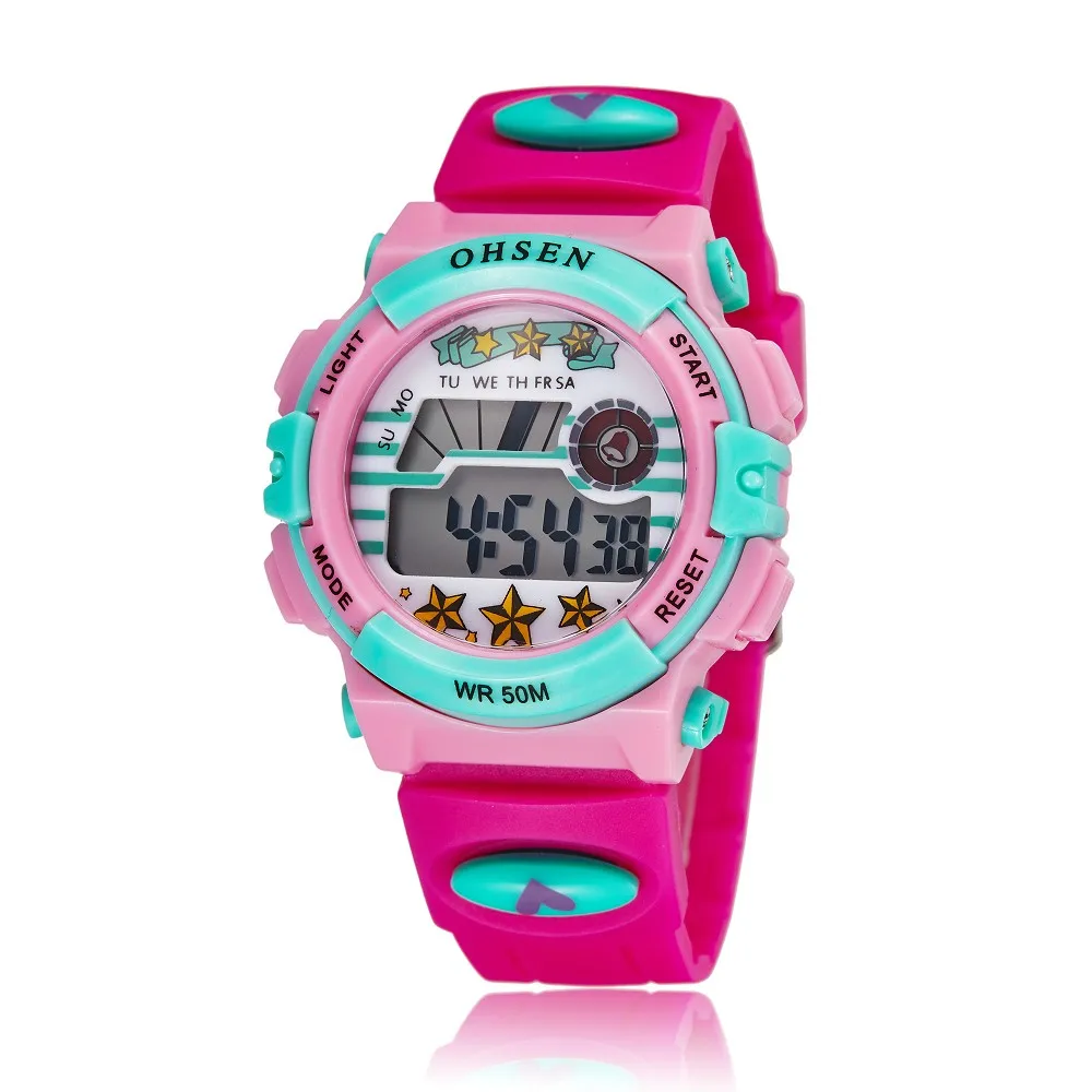 Цифровой кварцевые наручные часы для девочек 30 м Водонепроницаемый розовый силиконовый ремешок ЖК-дисплей Подсветка будильник