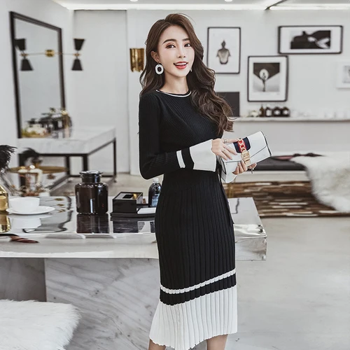 

2018 Women Autumn Winter fashion Sweater Knitted Dresses Slim Elastic O-neck Long Sleeve Sexy Lady Bodycon Robe Dresses Vestidos