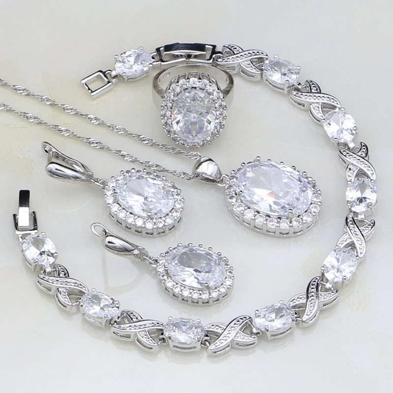 Oval White Australian Crystal 925 Sterling Silver Bridal Jewelry Sets For Women Wedding