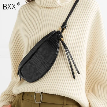 

[BXX] 2020 Spring Woman New Black White Color Serpentine Pattern Zipper Single Strap Waist Chest Bag All Match Flap LI810