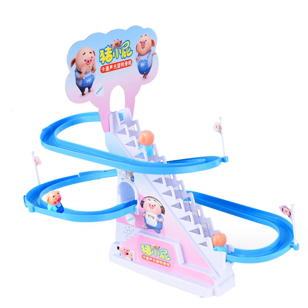 DIY Pig Climbing Stair Rail Toys Track Play Set Electric Music Climbing Bend Race Track Electronic Pig Toys