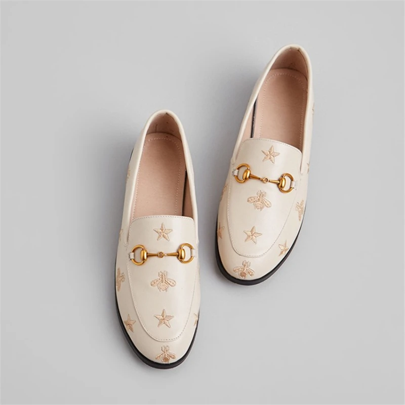 

meiFini 2019 new bee star embroidered women's shoes round head metal buckle boots fashion low with lazy casual shoes