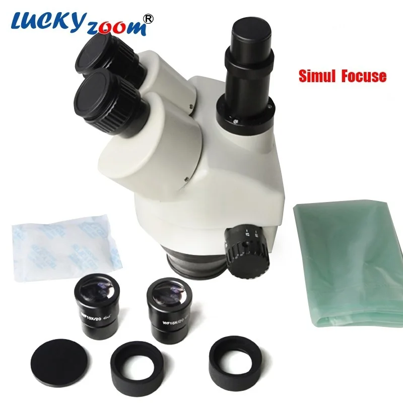 

Luckyzoom Brand 7X-45X Simul-Focal Trinocular Stereo Microscope Head WF10X/20 Eyepiece Zoom Microscope Accessories Free Shipping