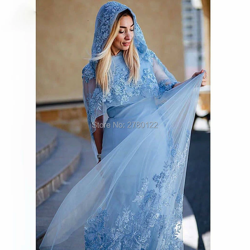 plus size formal wear Hooded Cap Blue Muslim Chiffon Two Pieces Evening Dresses With Appliques dubai Robe Prom Evening Dress Party formal evening dresses