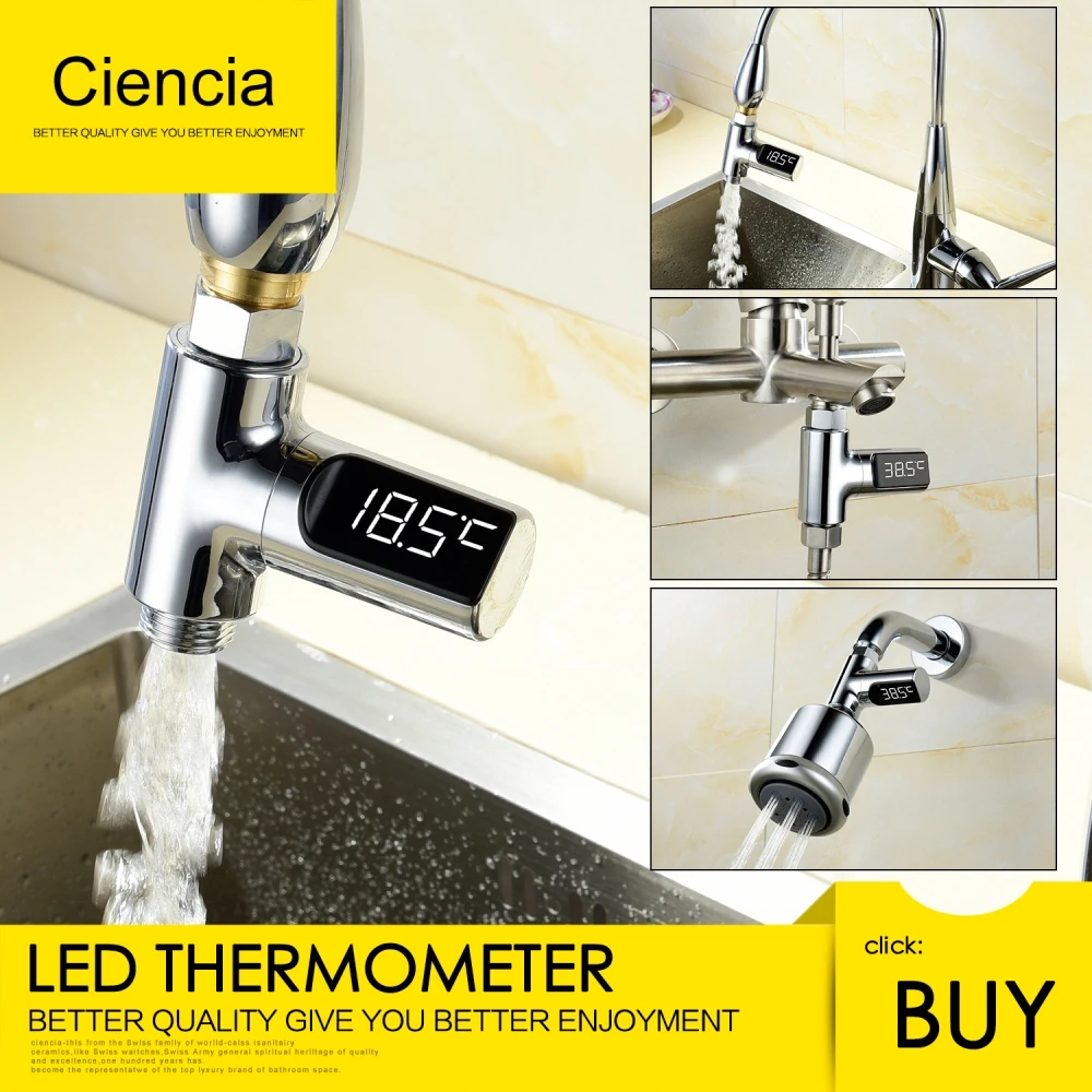 

Free Shipping Chrome Plastic LED Digital Shower Thermometer, Water Powered Light to Display Celsius, Water Temperature Monitor