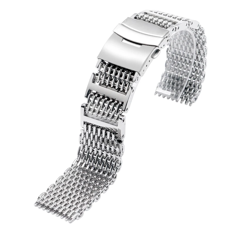 20mm 22mm 24mm Men Silver Folding Clasp with Safety Bracelet Stainless Steel Shark Mesh Replacement Watch 5
