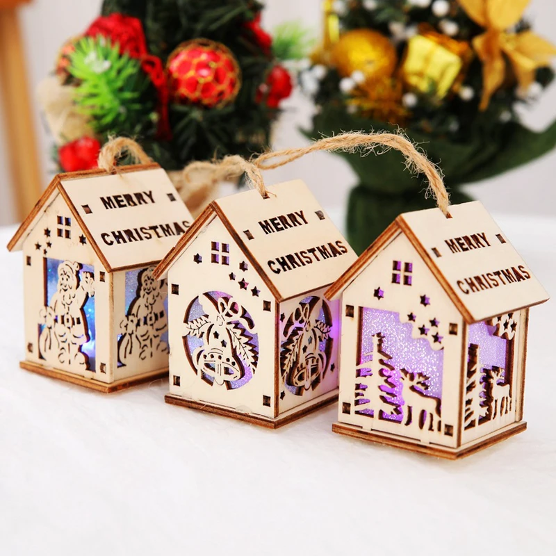 Christmas Pendant Drop Ornaments Wooden Table LED Light House with Battery Xmas Tree Decoration Presents for Kids Gift | Дом и сад
