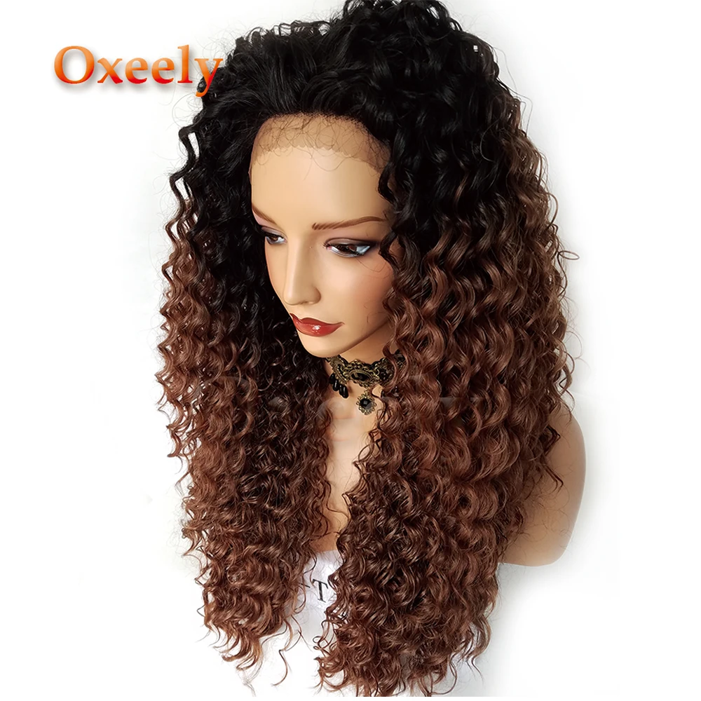 Oxeely Kinky Curl Синтетические волосы на кружеве Искусственные парики Ombre волос#30 Цвет волос черный корни тепла Resisitant натуральный