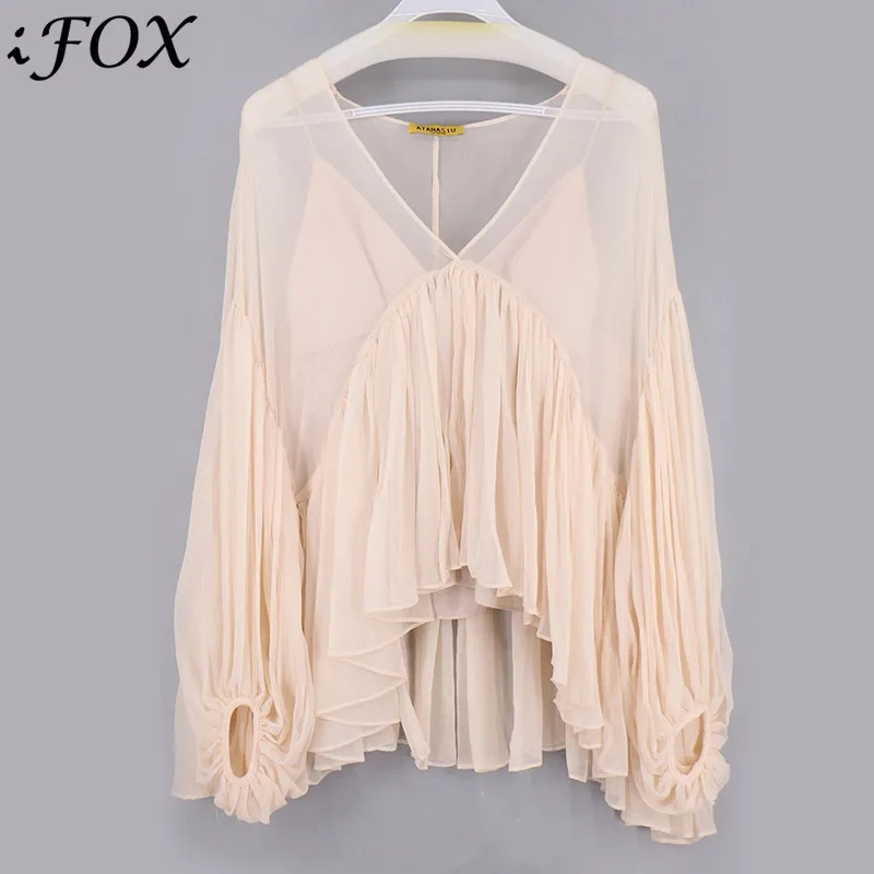 Женская блузка с V образным вырезом и рукавами фонариками|lantern sleeve|sleeve topsilk blouse |
