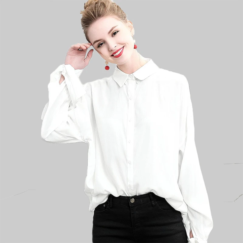 Prix WYG Casual Blanc Blouses 2018 Printemps De Mode Nouvelle Conception Unique Auto Bow Tie Manches Pleine de Femmes Surdimensionné Long Coton chemises