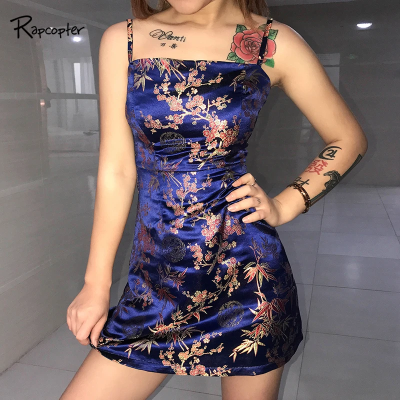 

Rapcopter Sleeveless Floral Embroidery Vintage Spaghetti Strap Chinese Style Backless Bodycon Mini Dress Sexy Dresses Summer