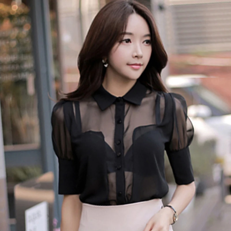 

2019 Summer Korean Women Blouses Shirts Sexy Perspective Short Sleeve Black Tops Elegant Chiffon Blouses Straight Office Blusas