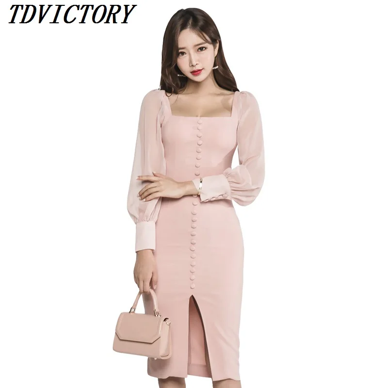

New Arrival Pink Single Breasted Sheath Pencil Women Dress 2018 Autumn Chiffon Patchwork Square Collar Split Bodycon Dress