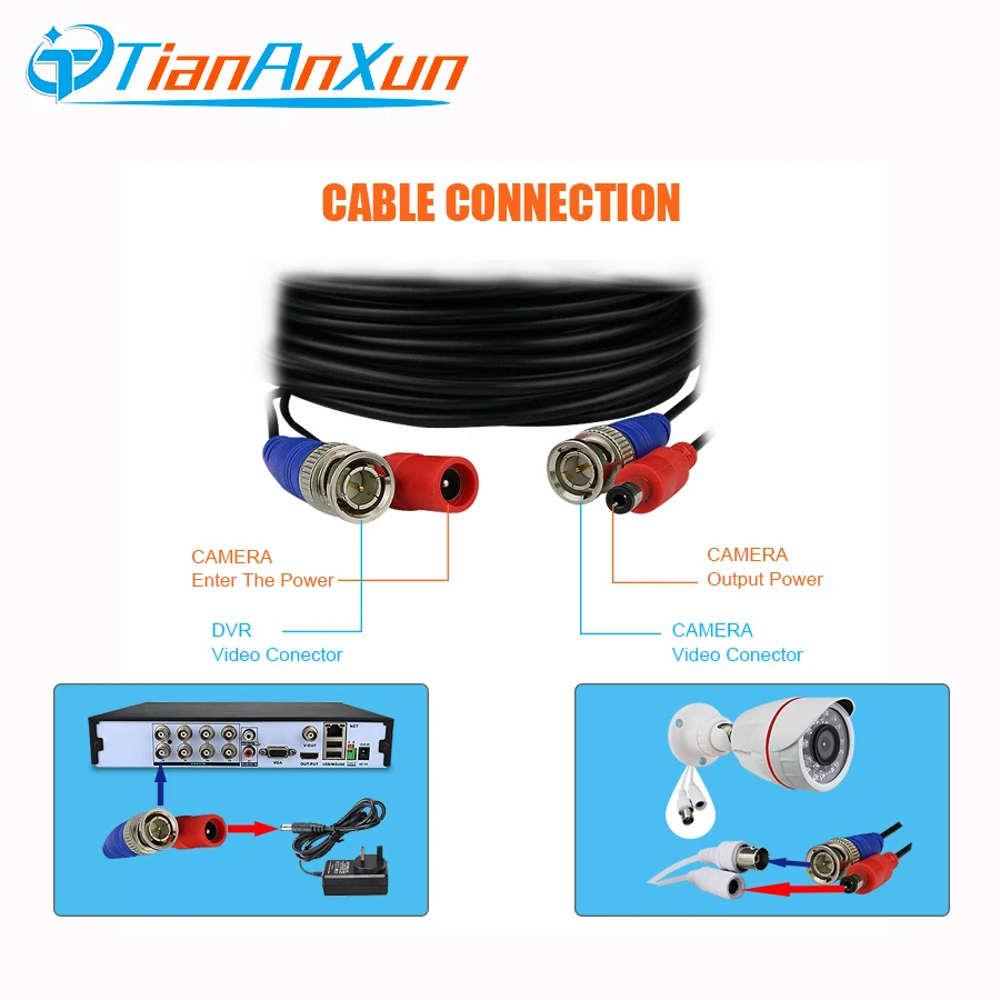 Tiananxun Video Cables Dc Power Bnc Cable For Cctv Cameras Ahd Analog Wired Surveillance Dvr System Accessories
