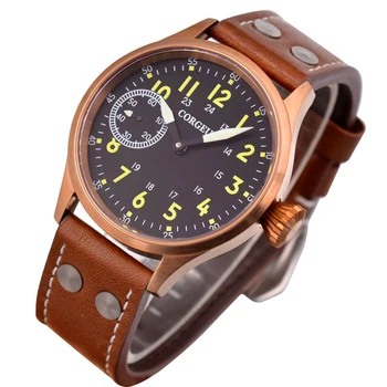 

43mm Corgeut Watch Fashion Bronze Case Sapphire Glass Luminous Mens Mechanical 6497 Leather strap watch black dial casual