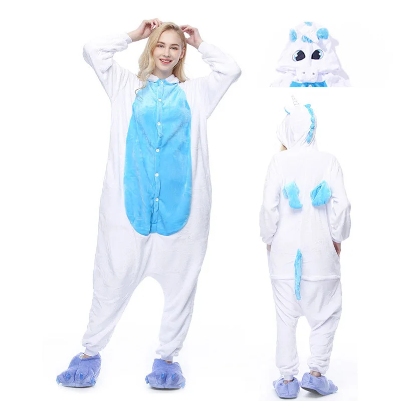 Зимний комбинезон для взрослых, аниме, женские костюмы, косплей, мультяшная Пижама с животными, кролик, единорог, Пикачу, зимняя теплая Пижама с капюшоном - Цвет: blue unicorn