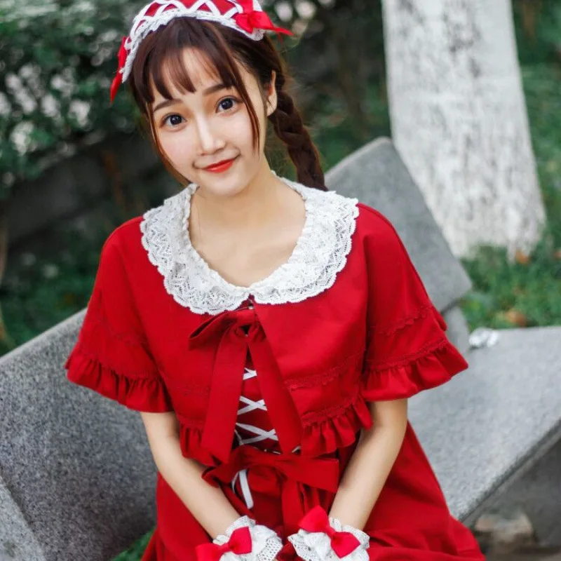 Free New Real Shipping 2019 Pre-sale 】 Little Red Riding Hood Lovely Cape Cardigan + Lace Dress Bow Hair With Hoop Hand Sleeves Free New Real Shipping 2019 Pre-sale 】 Little Red Riding Hood Lovely Cape Cardigan + Lace Dress Bow Hair With Hoop Hand Sleeves