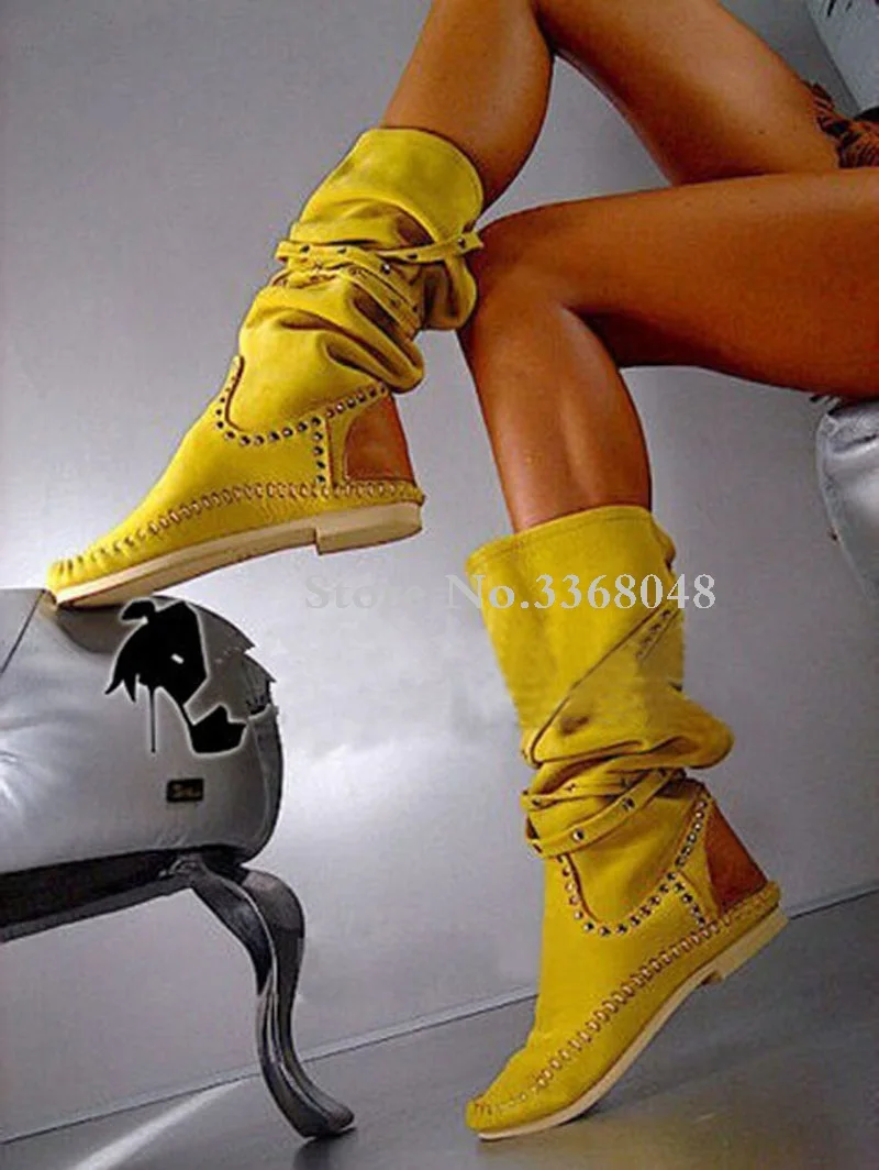 Women Flat Boots Rivets Studded Fashion Belt Decor Mid calf Boots Flats