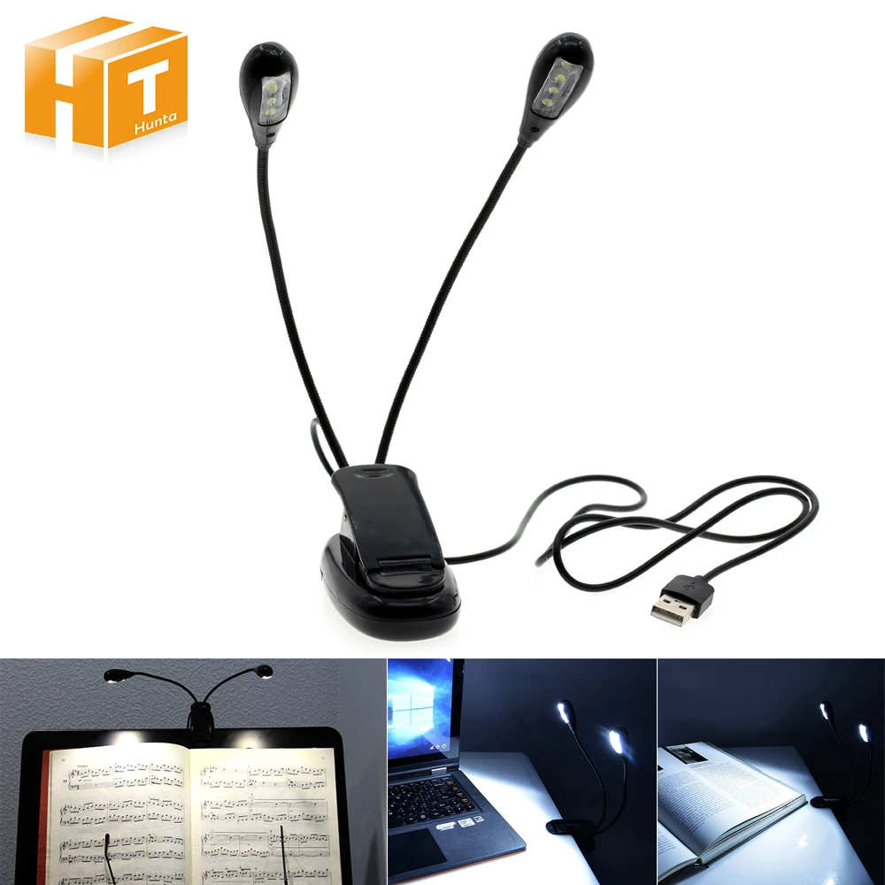 LED Book Lights Piano Music Score Lamp 8LEDs Clip On Two Arms Reading