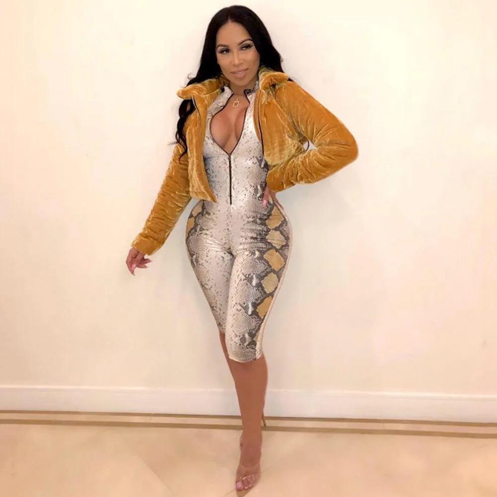 Женские сексуальные без рукавов змеиный принт молния Bodycon Club укороченные комбинезоны